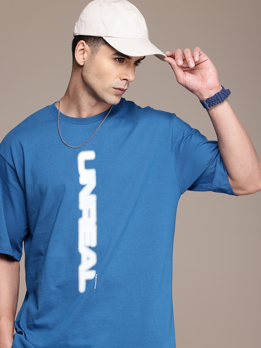 

FCUK Graphic Printed Drop-Shoulder Sleeves Pure Cotton Oversized T-shirt, Blue