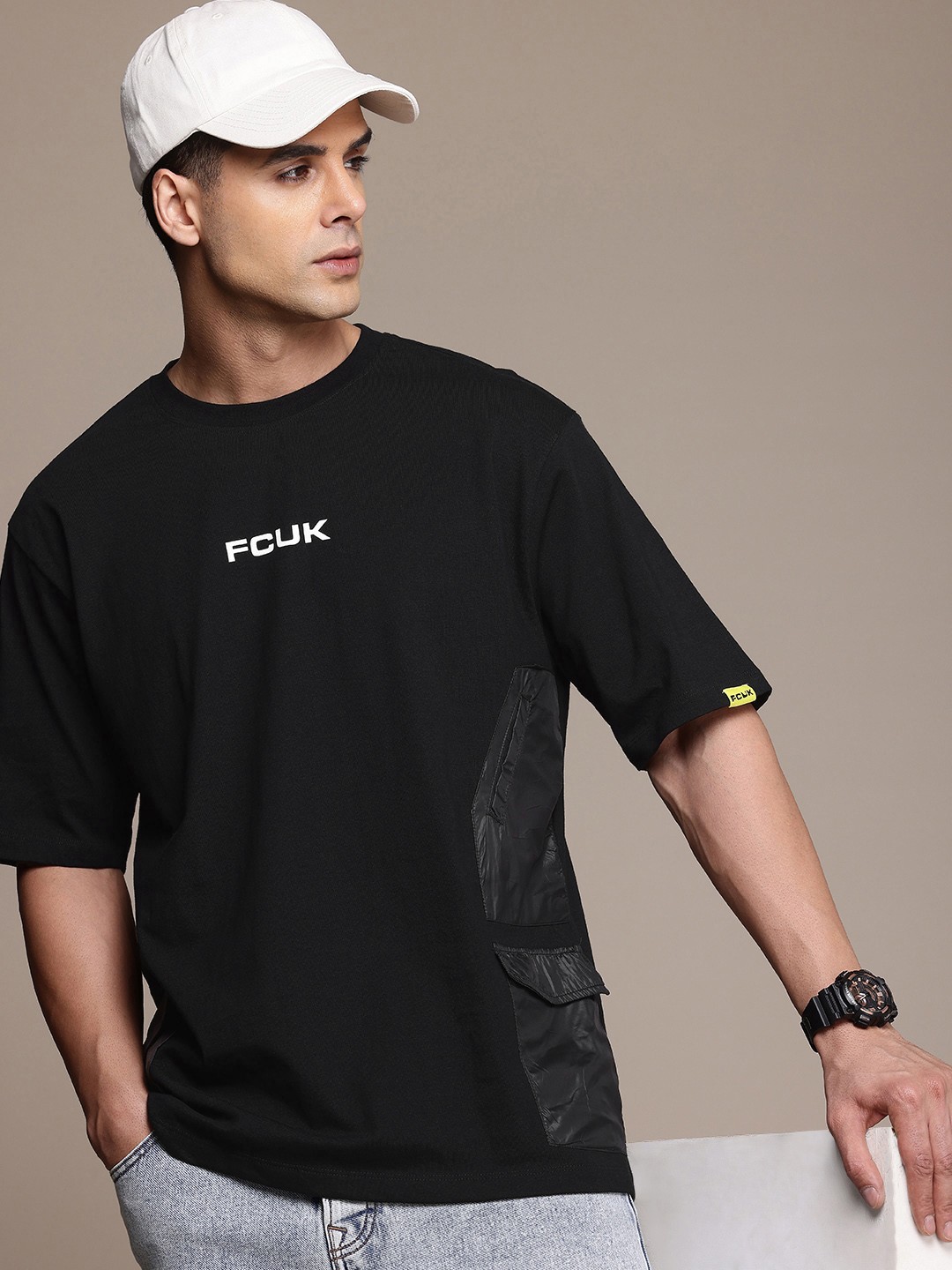 

FCUK Drop-Shoulder Sleeves Pure Cotton Relaxed Fit Pocket T-shirt, Black