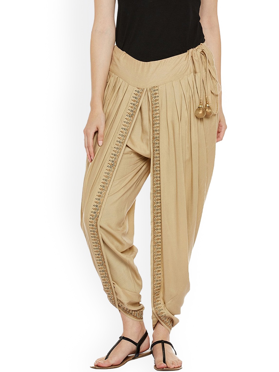 

9rasa Women Mid-Rise Block Print Loose Harem Pants, Beige