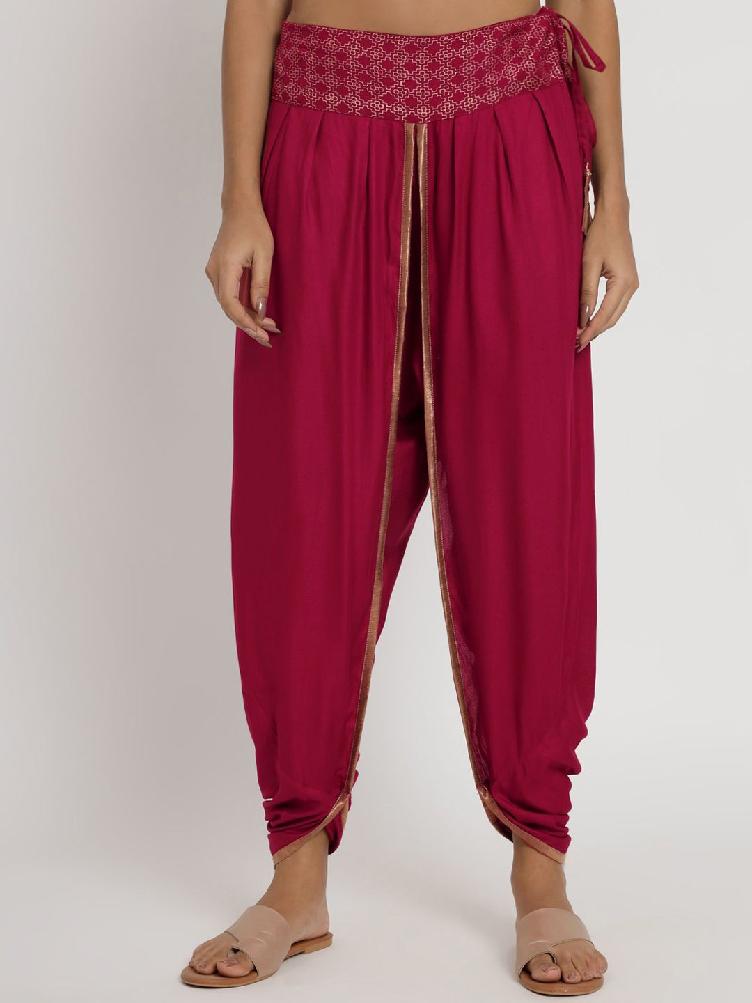 

9rasa Women Hand Block Printed Mid-Rise Loose Harem Pants, Maroon