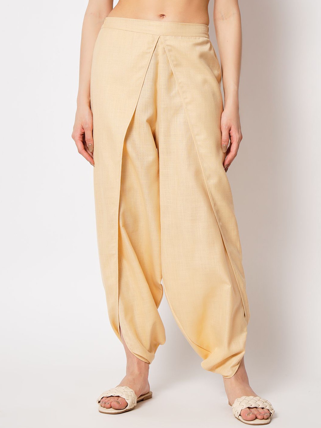 

9rasa Women Pure Cotton Mid-Rise Loose Harem Pants, Beige