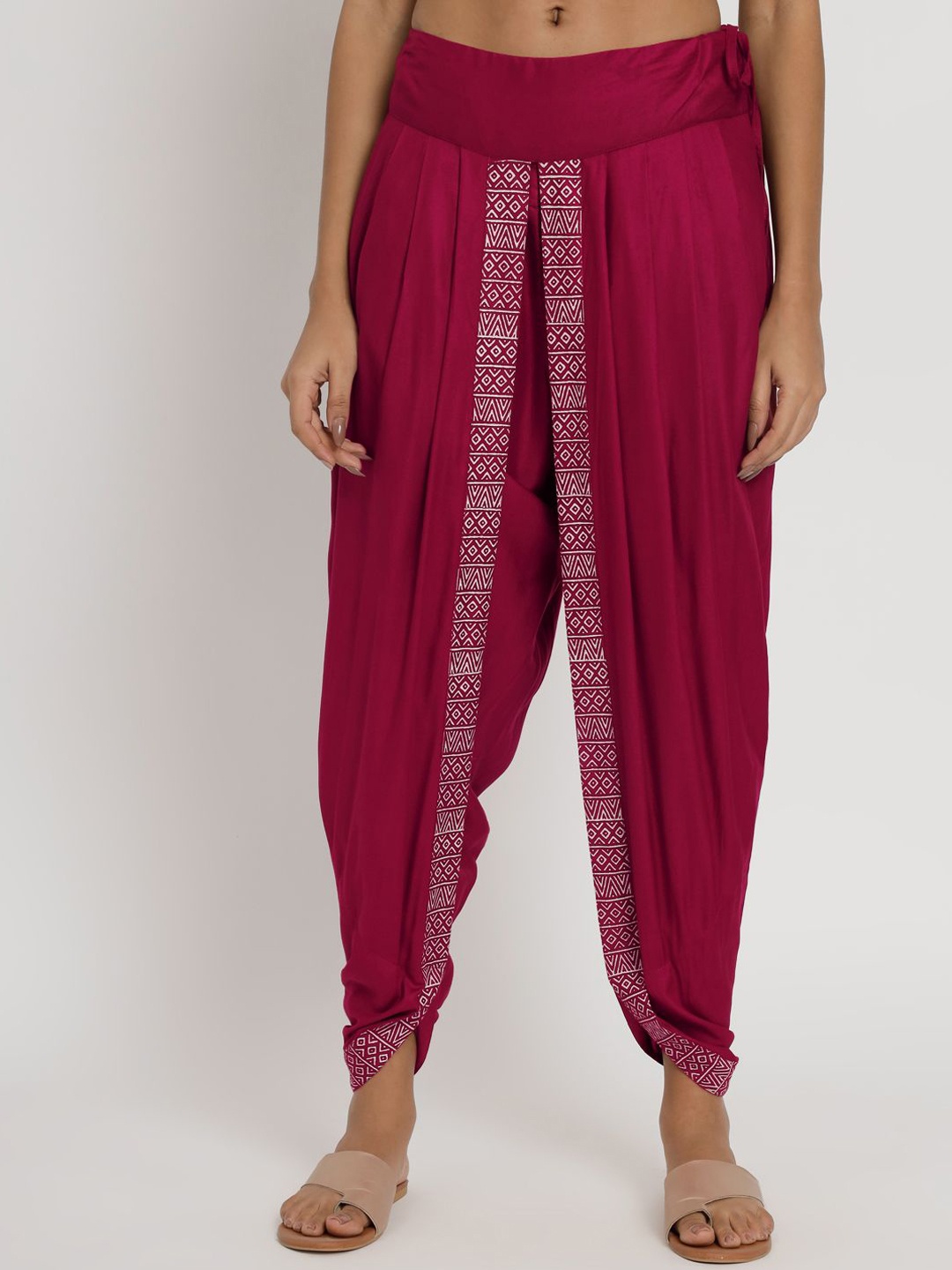 

9rasa Women Block Print Mid-Rise Loose Harem Pants, Maroon