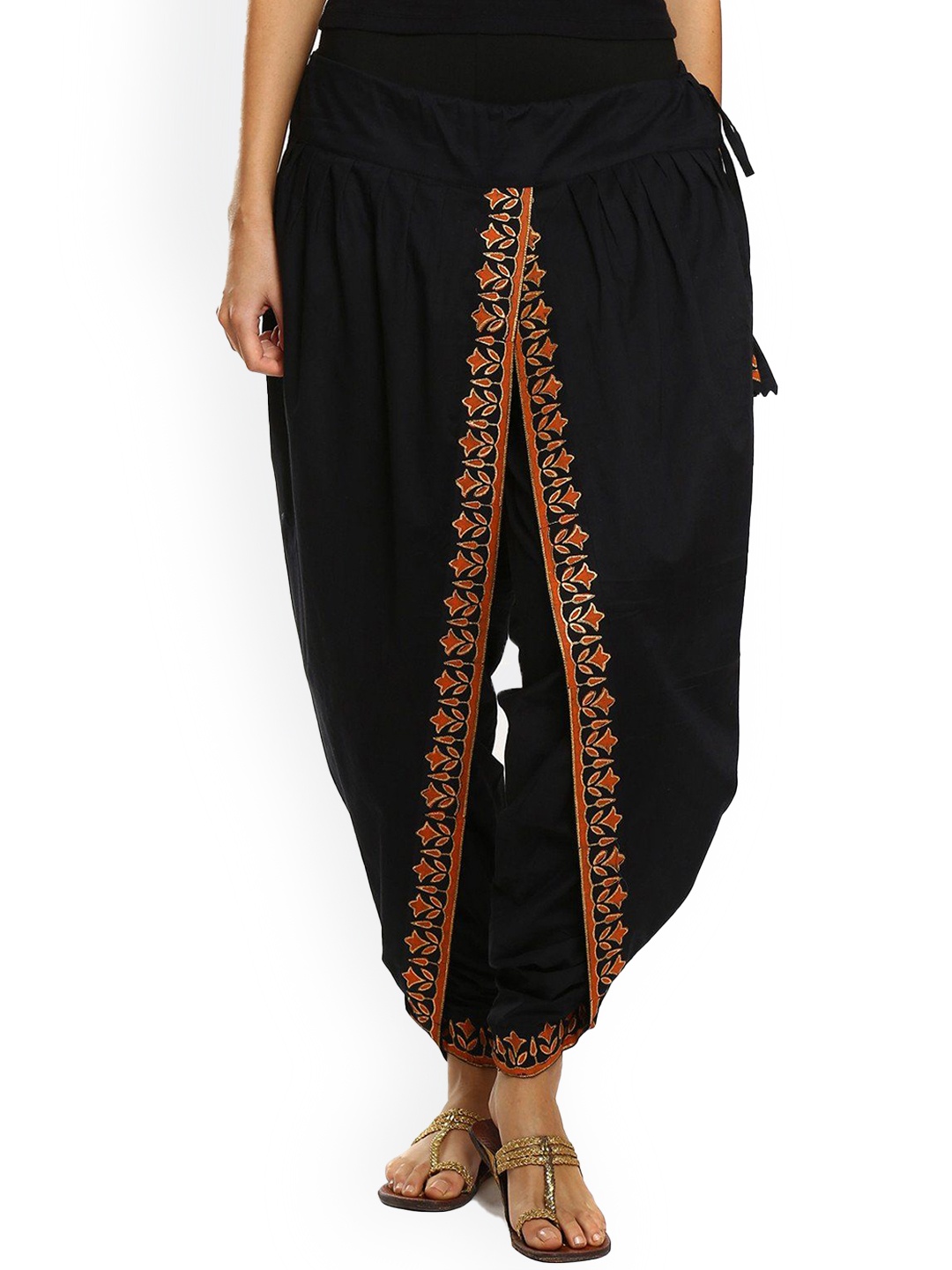 

9rasa Women Hand Block Printed Mid-Rise Loose Harem Pants, Black