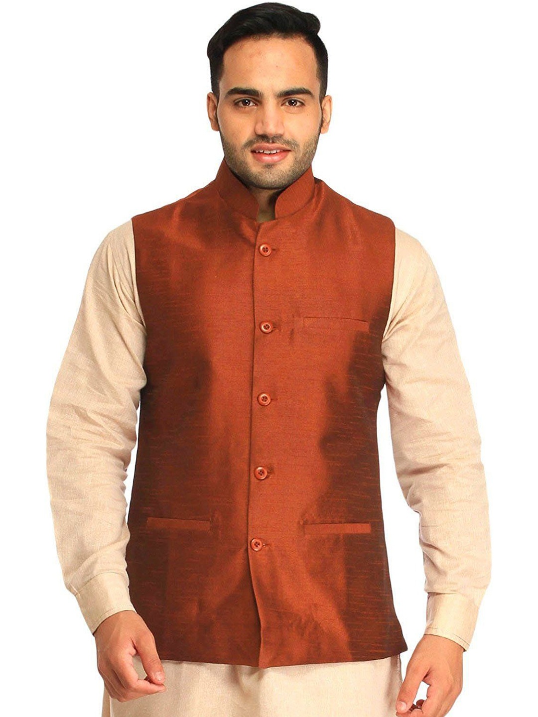 

Exotic India Art Silk Plain Wedding Nehru Jacket with Front Pockets, Rust
