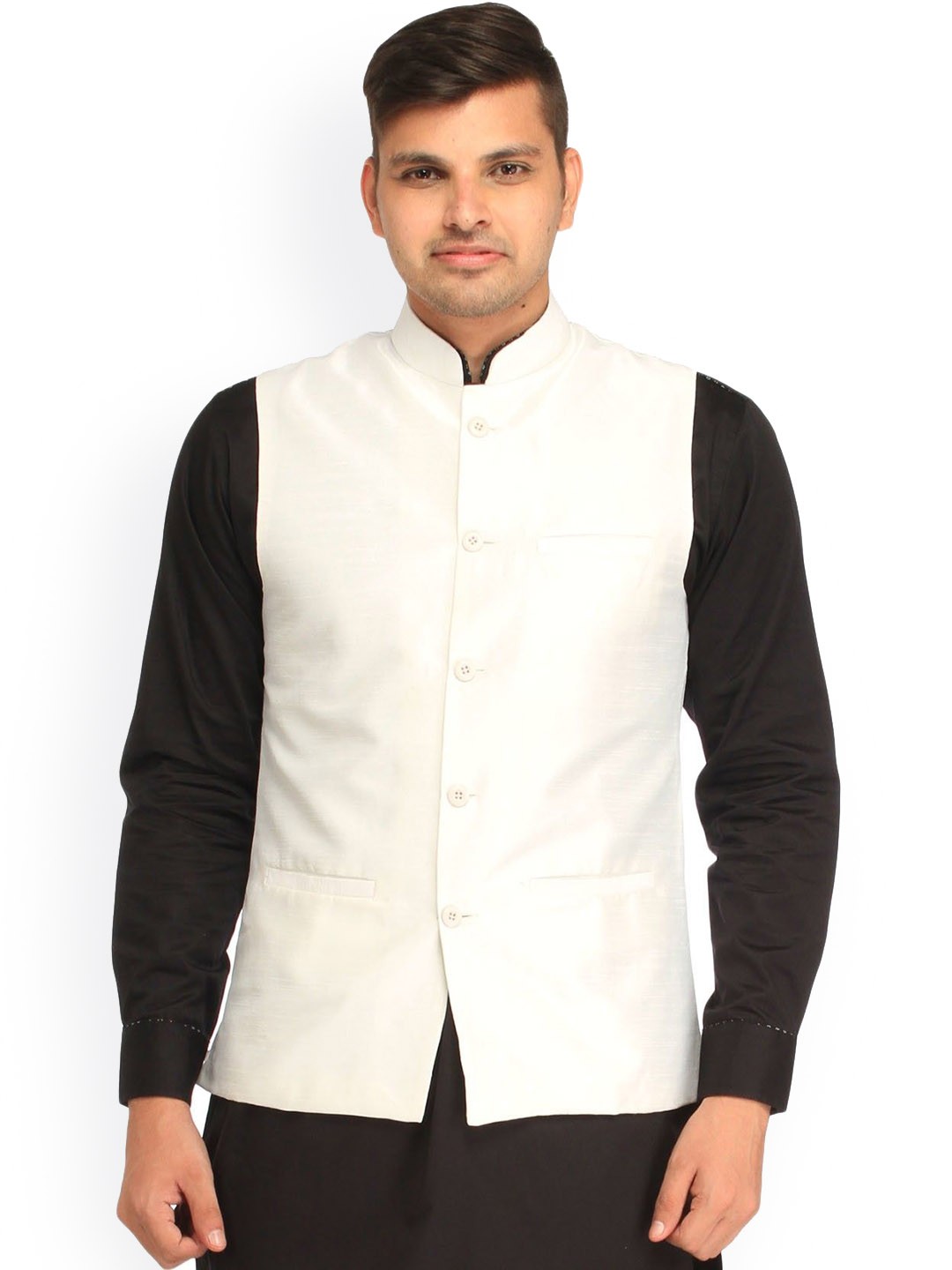 

Exotic India Egret White Art Silk Plain Wedding Waistcoat with Front Pockets