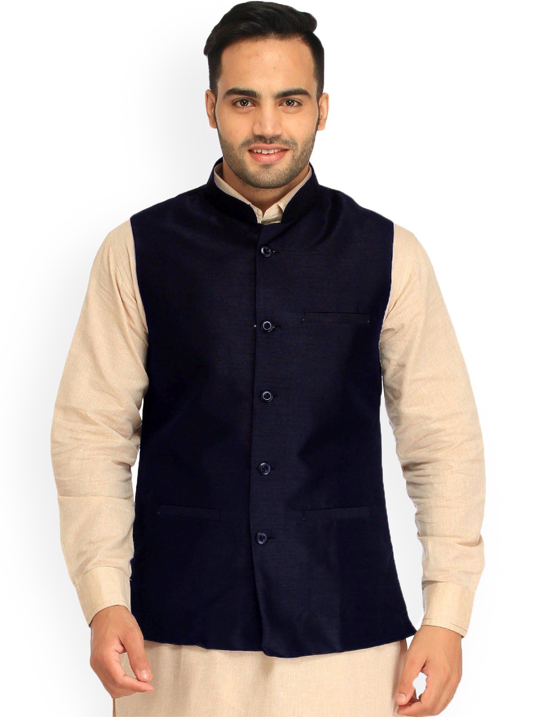 

Exotic India Art Silk Deep Blue Plain Wedding Waistcoat with Front Pockets