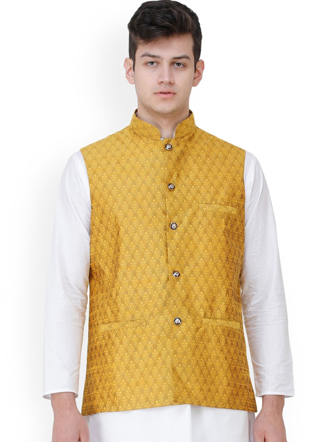 

Exotic India Pale Gold Wedding Waistcoat with Jacquard Woven Bootis and Front Pockets, Yellow