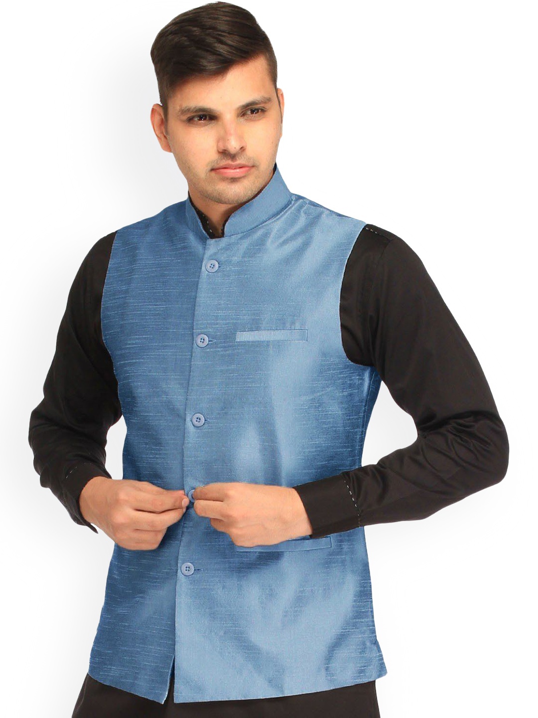 

Exotic India French Blue Art Silk Plain Wedding Waistcoat with Front Pockets