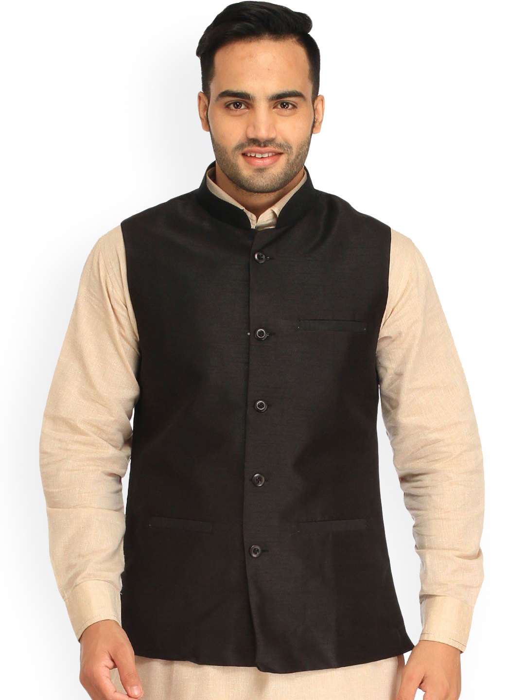 

Exotic India Art Silk Jet Black Plain Wedding Waistcoat with Front Pockets
