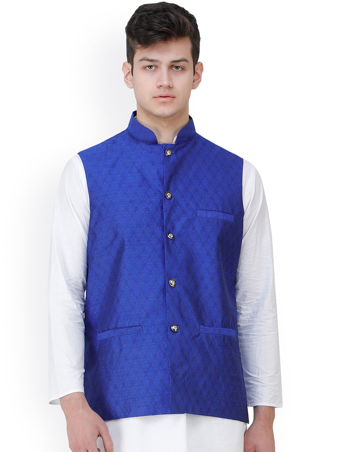 

Exotic India Spectrum Blue Wedding Waistcoat with Jacquard Woven Bootis and Front Pockets, Navy blue