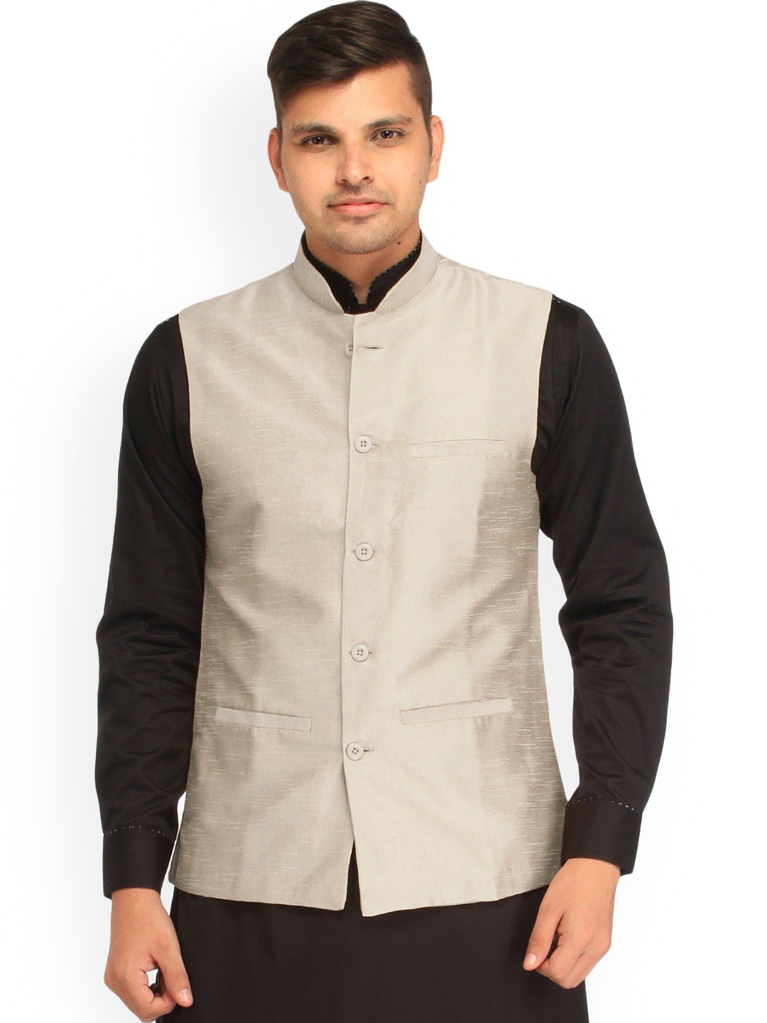 

Exotic India Art Silk Plain Wedding Nehru Jacket with Front Pockets, Beige