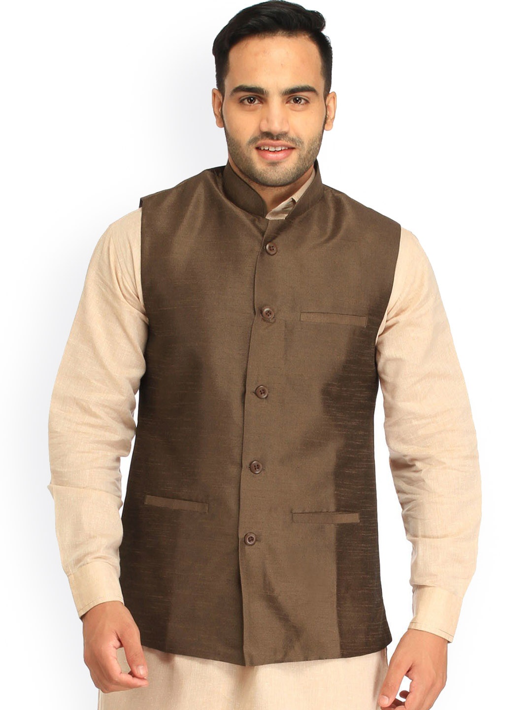 

Exotic India Art Silk Waistcoat with Front Pockets, Brown
