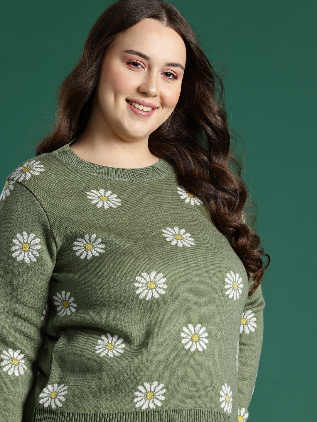 

DressBerry Curve Plus Size Floral Print Pure Acrylic Pullover, Green