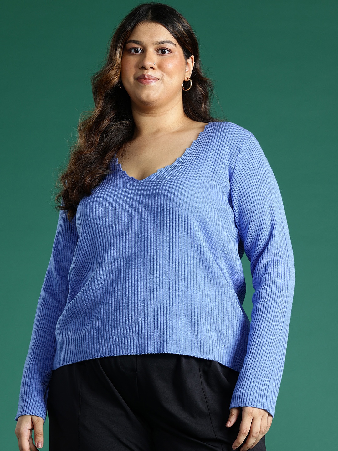 

DressBerry Curve Plus-Size Ribbed Pullover, Blue