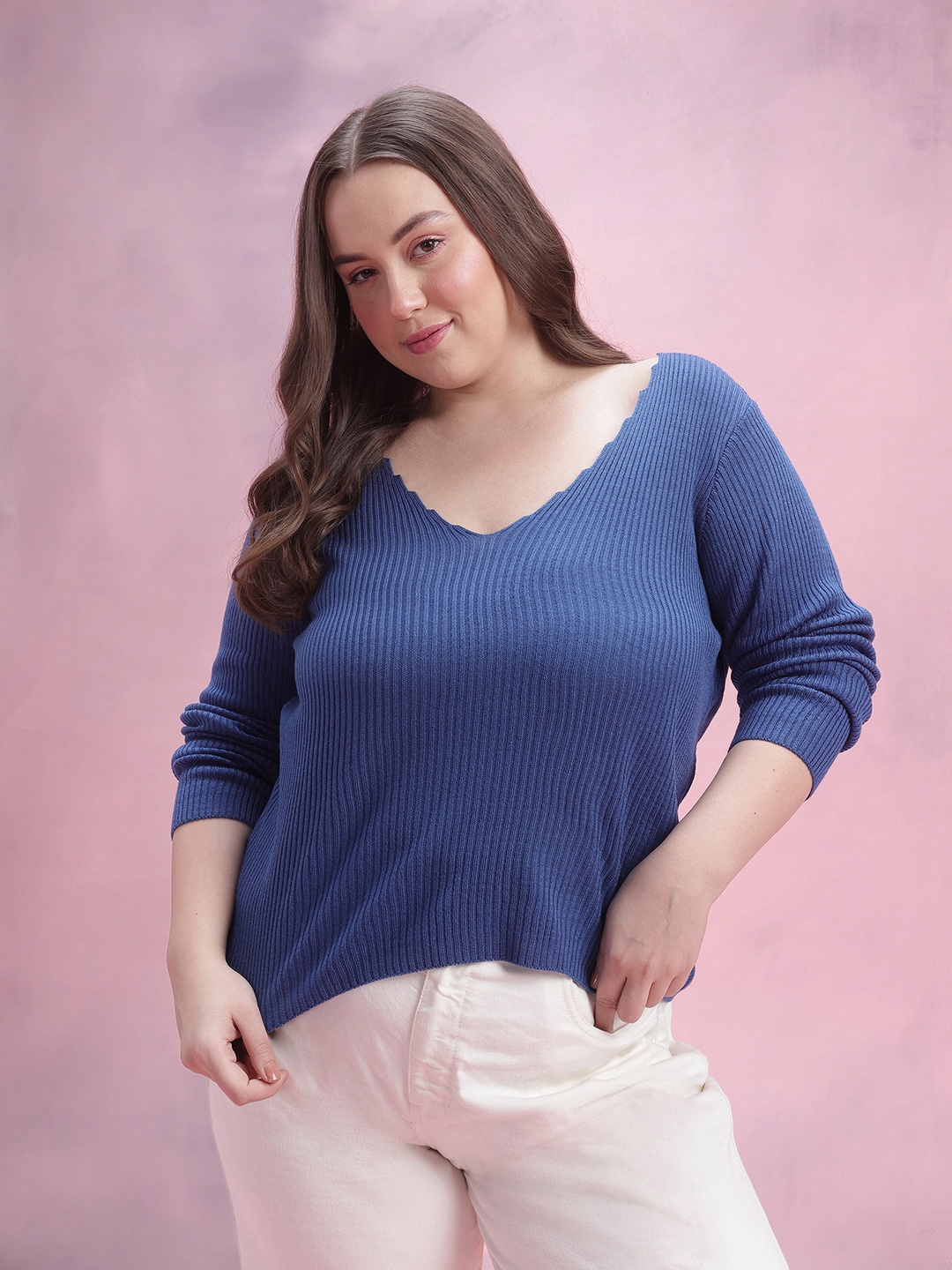 

DressBerry Curve Plus Size Acrylic Ribbed Pullover, Blue