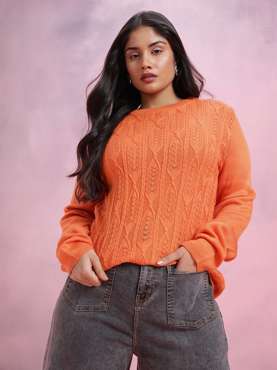 

DressBerry Curve Women Cable Knit Acrylic Pullover, Orange