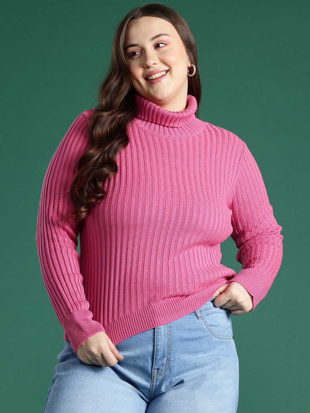 

DressBerry Curve Ribbed Turtle Neck Pullover, Pink