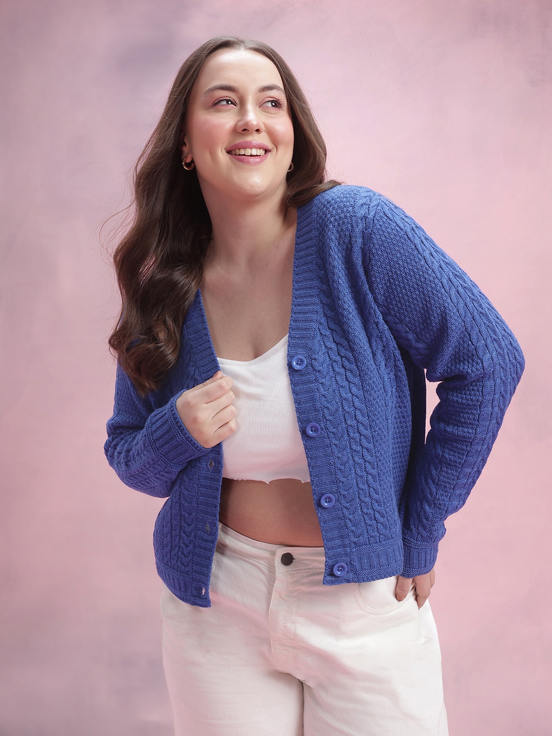 

DressBerry Curve Plus Size Cable Knit Cardigan, Blue