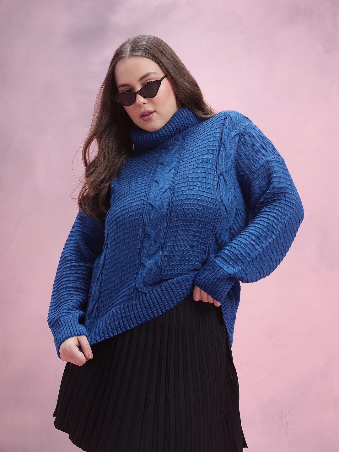 

DressBerry Curve Turtle Neck Cable Knit Pullover, Blue