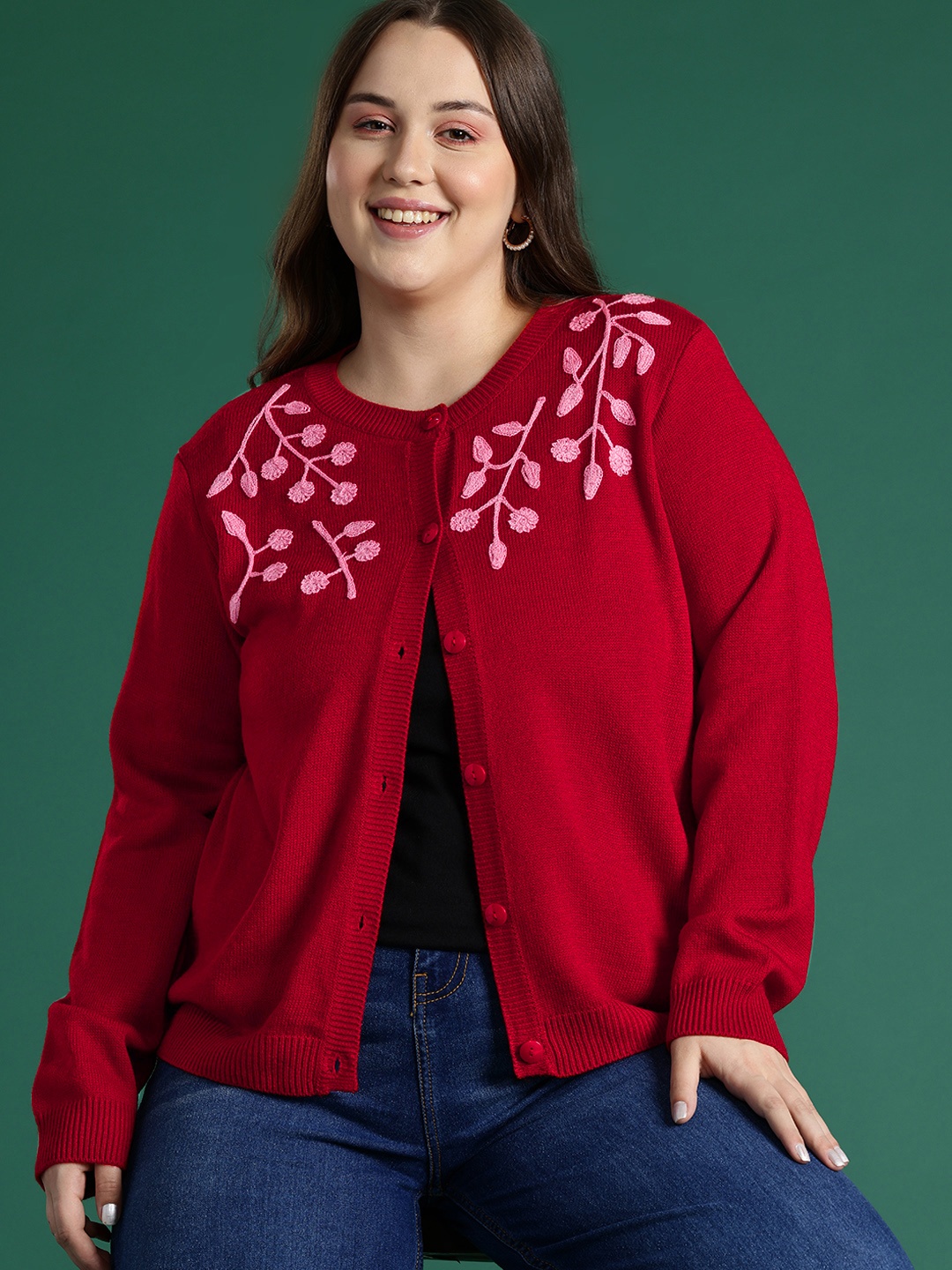 

DressBerry Curve Plus Size Embroidered Pure Acrylic Cardigan, Red