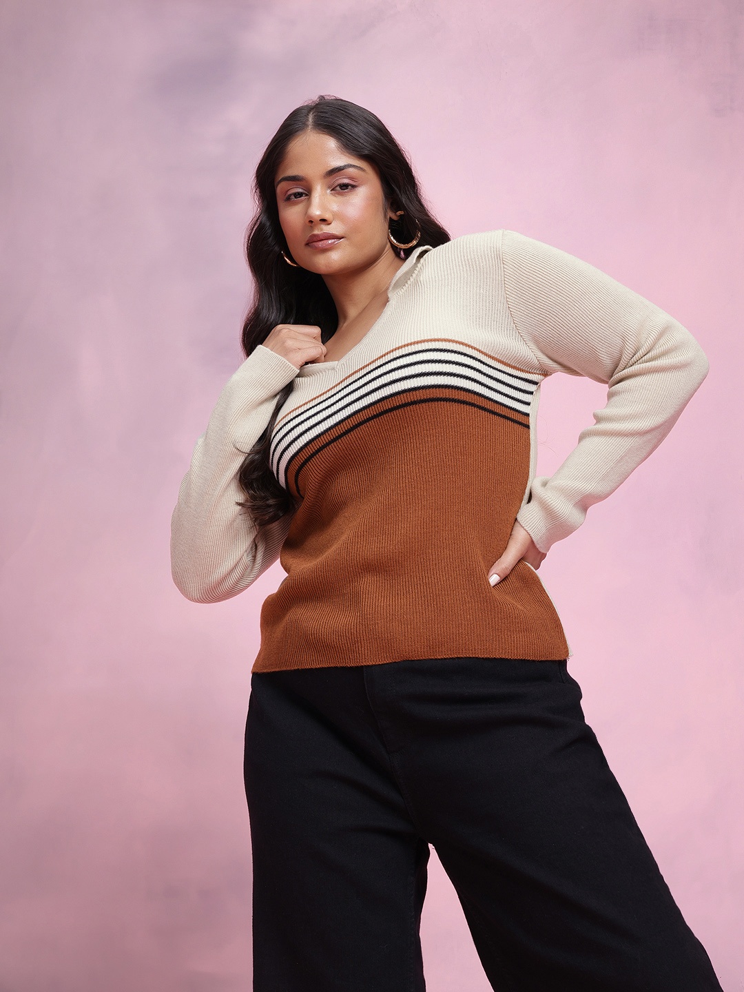 

DressBerry Curve Plus Size Acrylic Colourblocked Pullover, Brown