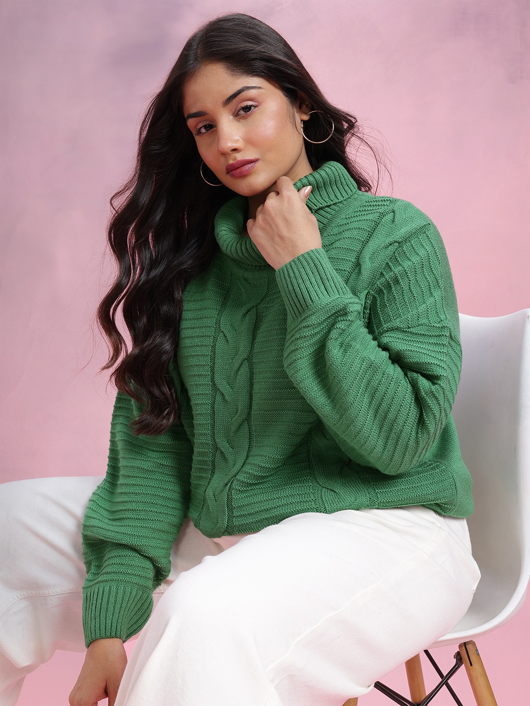 

DressBerry Curve Plus Size Cable Knit Pure Acrylic Longline Pullover, Green