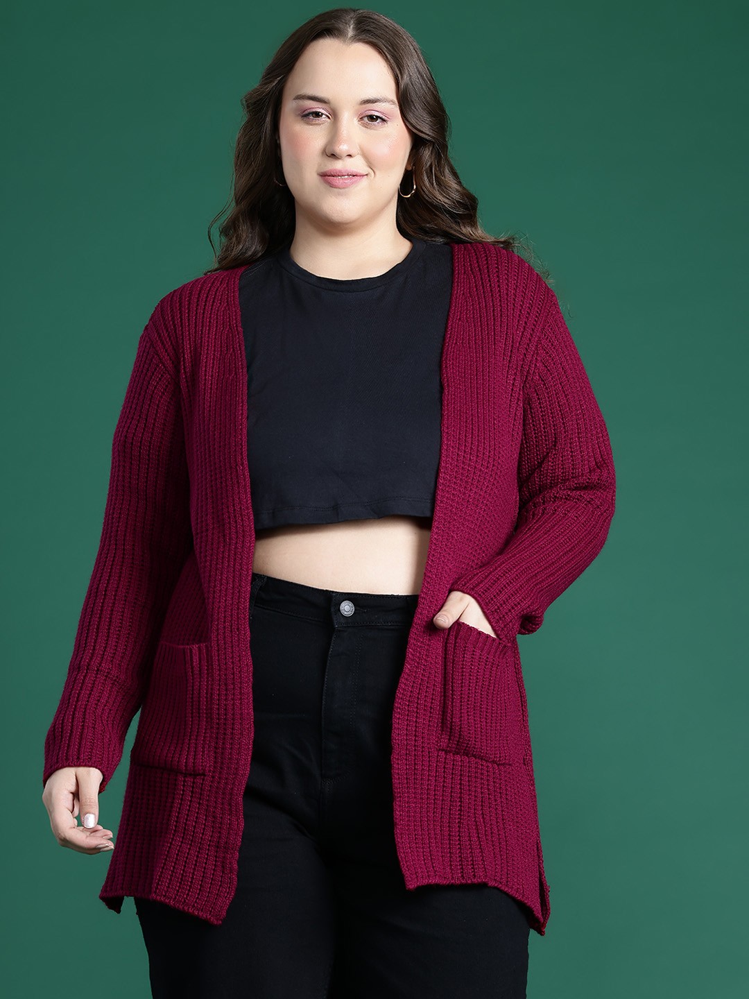 

DressBerry Curve Acrylic Self Designed Longline Front-Open Sweater, Pink