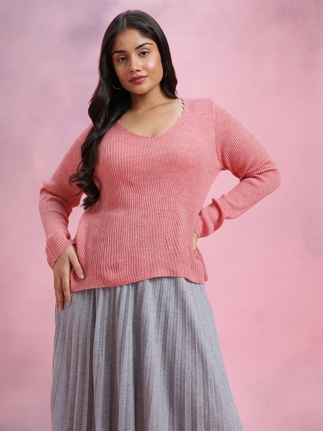 

DressBerry Curve Women Ribbed Acrylic Pullover, Pink