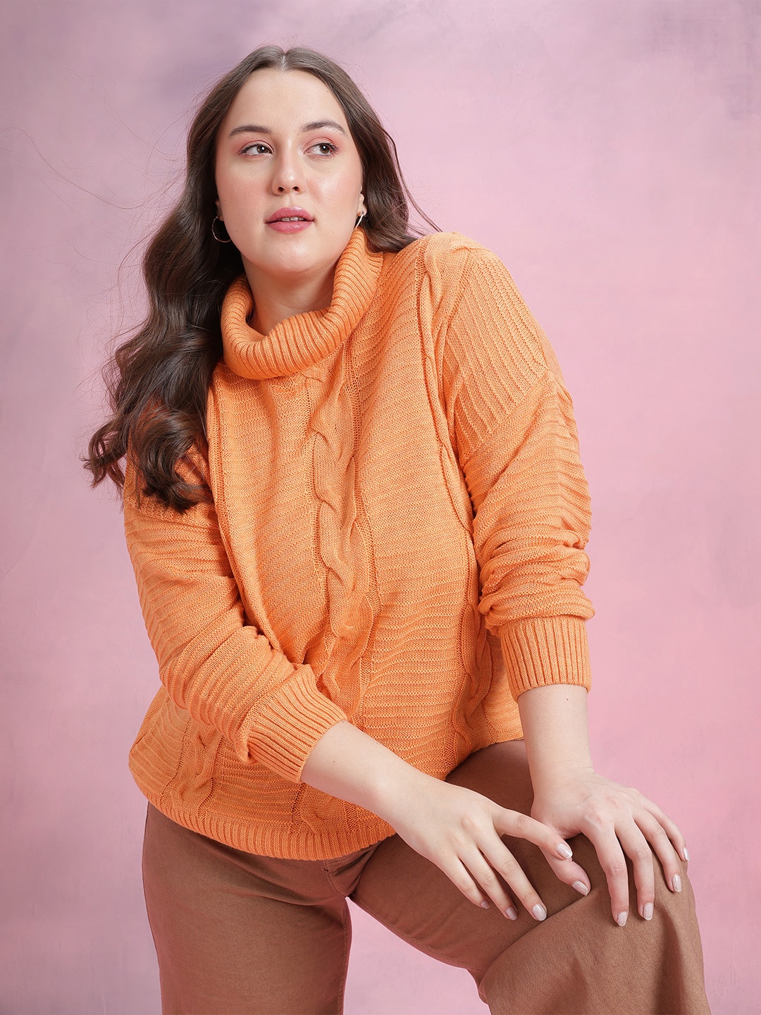 

DressBerry Curve Plus Size Cable Knit Detailing Acrylic Pullover, Orange