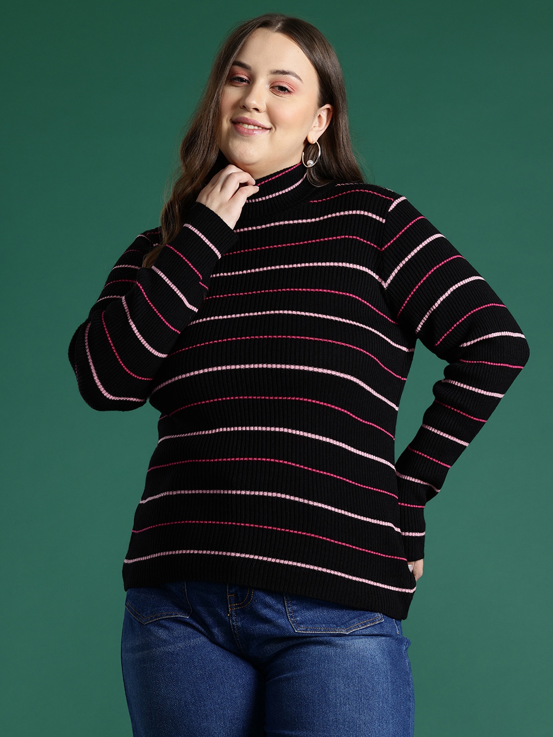 

DressBerry Curve Plus Size Striped Pure Acrylic Pullover, Black