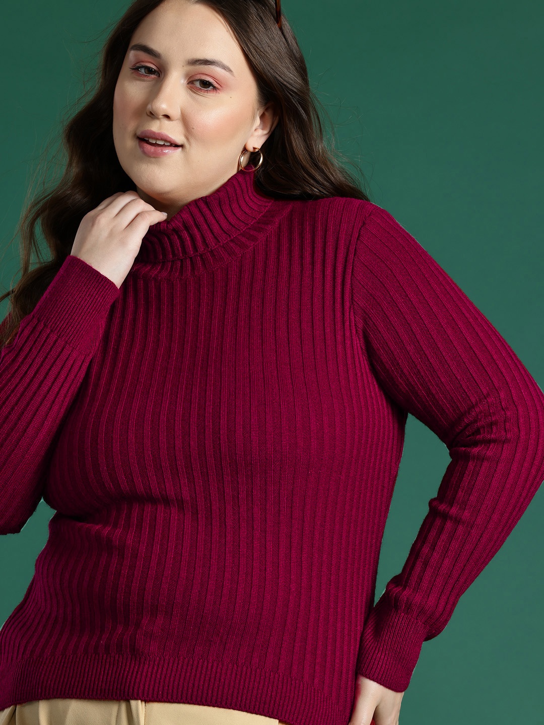 

DressBerry Curve Plus Size Ribbed Size Pure Acrylic Pullover, Fuchsia