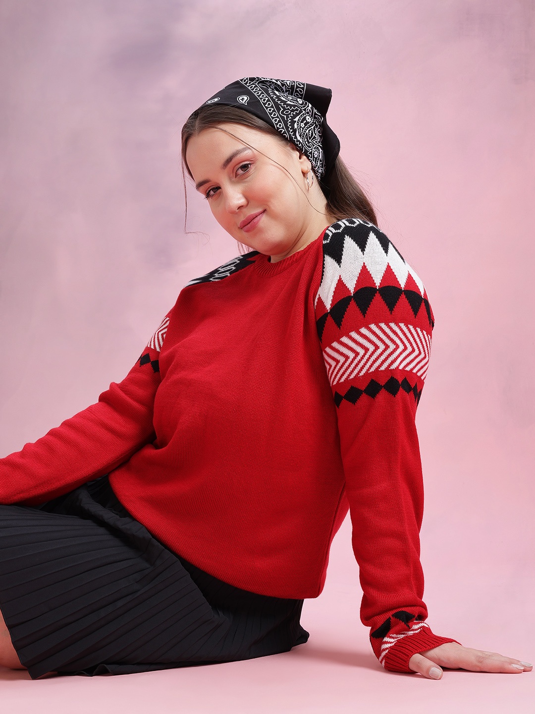 

DressBerry Curve Plus Size Acrylic Longline Pullover, Red