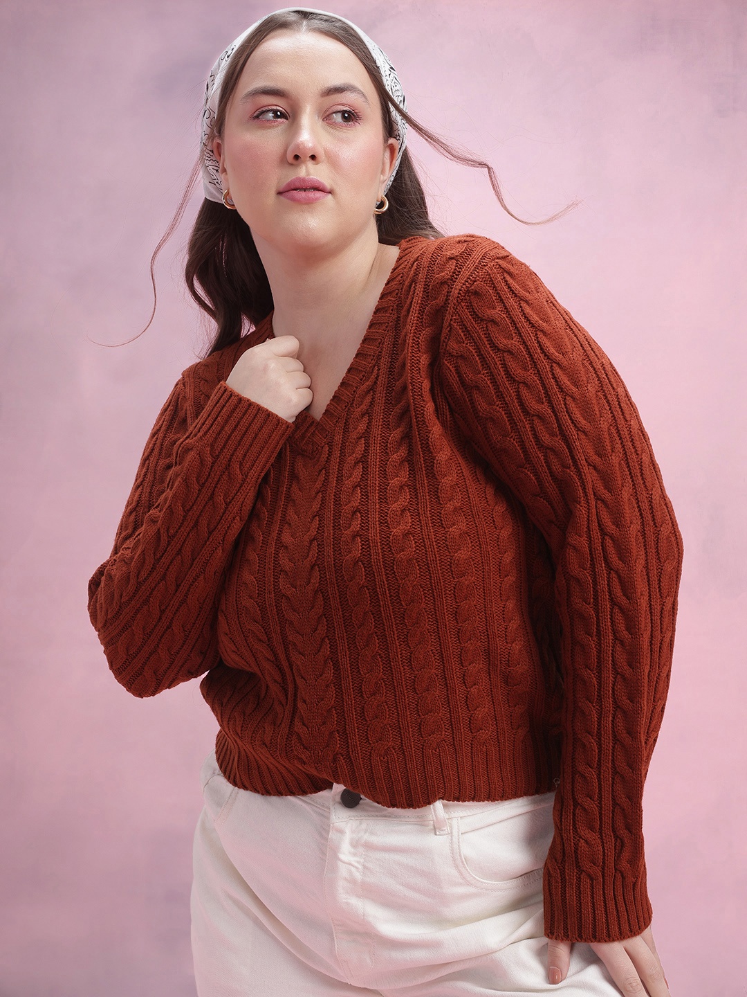 

DressBerry Curve Cable Knit Pullover, Rust