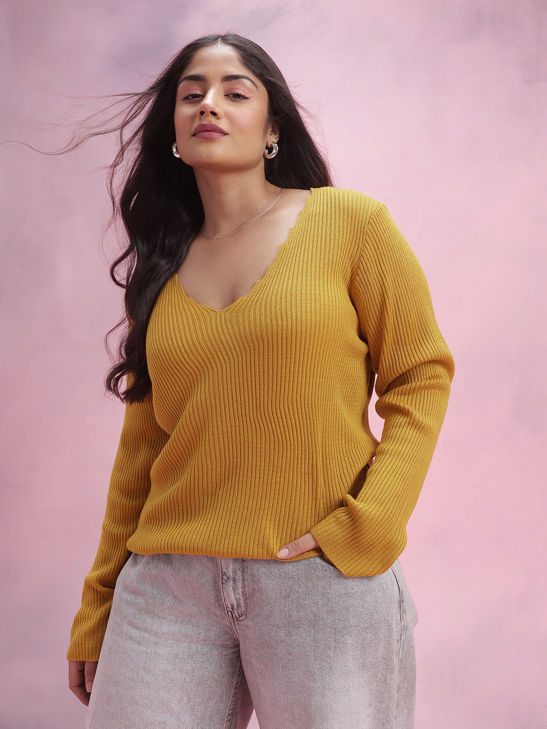 

DressBerry Curve Plus Size Acrylic Ribbed Pullover, Mustard