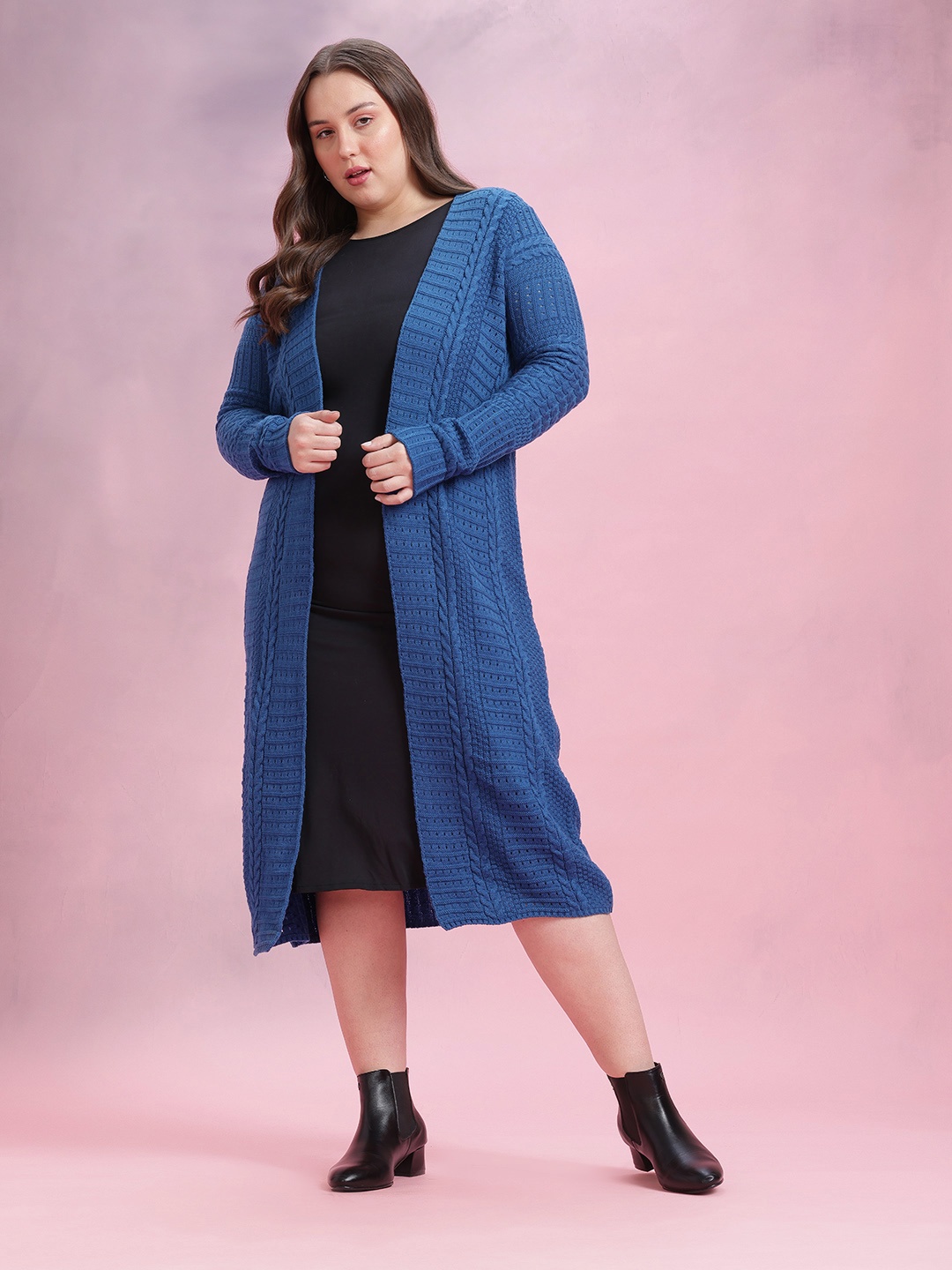 

DressBerry Curve Plus Size Open Front Acrylic Longline Sweaters, Blue