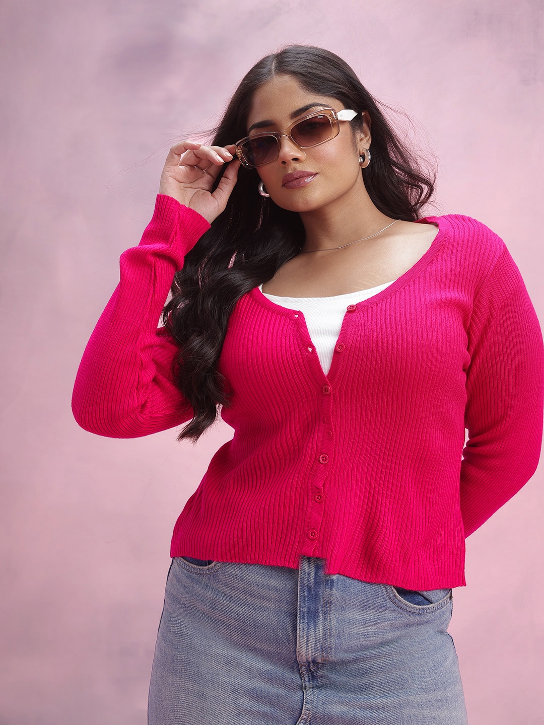 

DressBerry Curve Plus Size Ribbed Cardigan, Pink