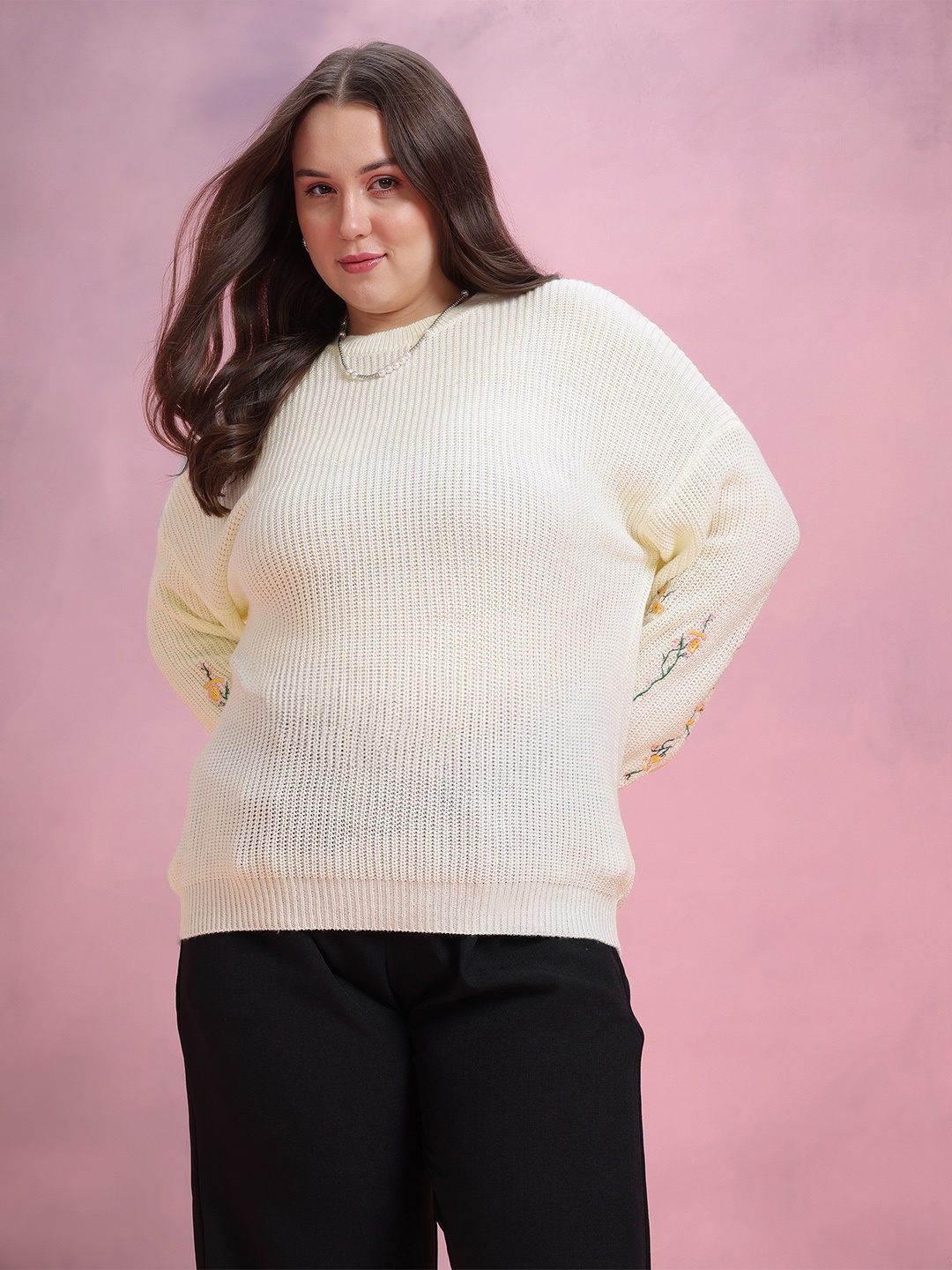 

DressBerry Curve Plus Size Floral Embroidered Acrylic Pullover, Cream