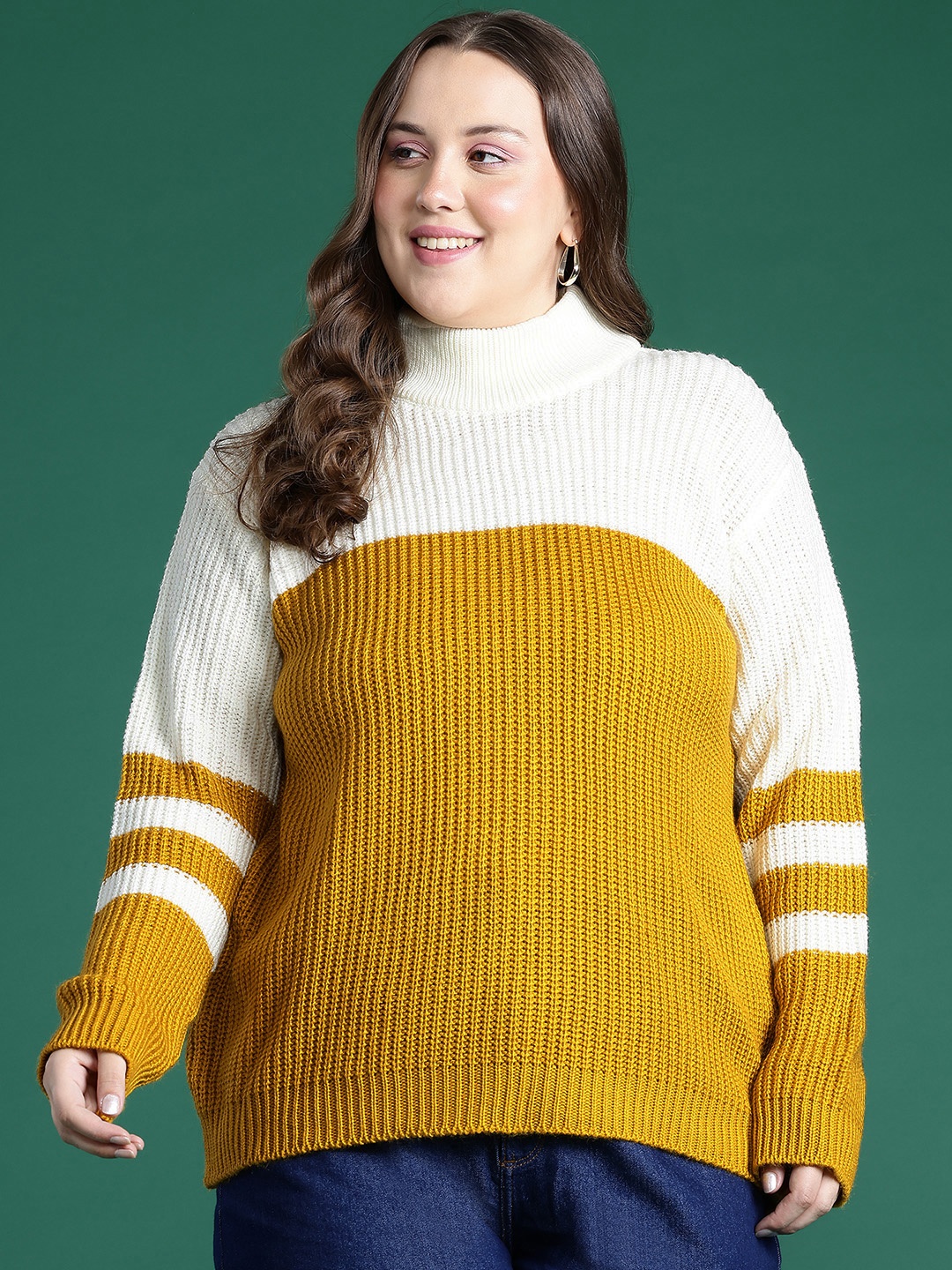 

DressBerry Curve Plus Size Colourblocked Longline Pullover, Cream