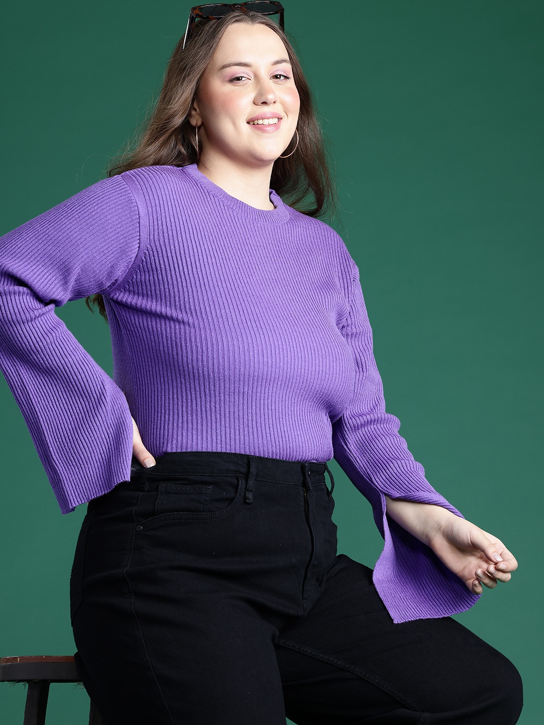 

DressBerry Curve Acrylic Ribbed Flared Sleeve Pullover, Purple
