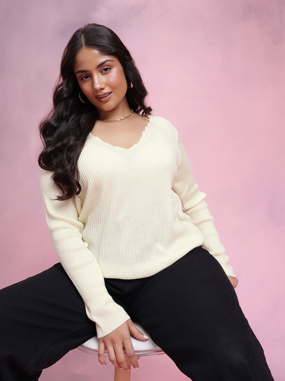 

DressBerry Curve Plus Size Acrylic Ribbed Pullover, Cream