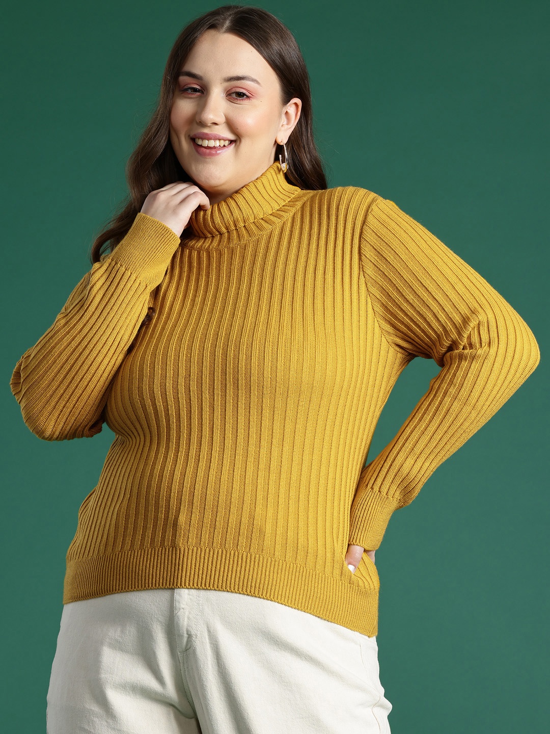 

DressBerry Curve Ribbed Turtle Neck Pullover, Mustard