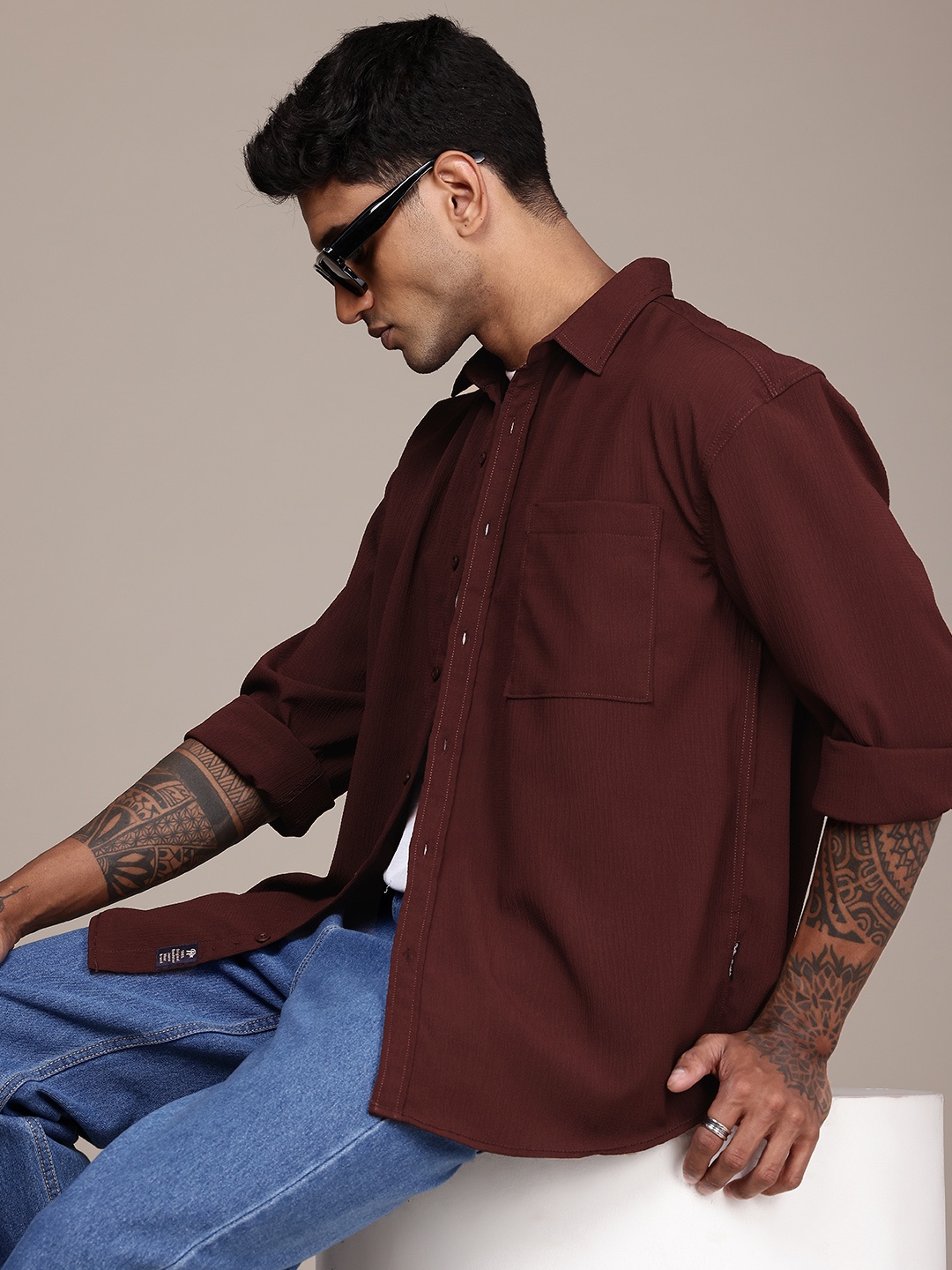 

The Roadster Life Co. Relaxed Fit Drop-Shoulder Sleeves Casual Shirt, Burgundy