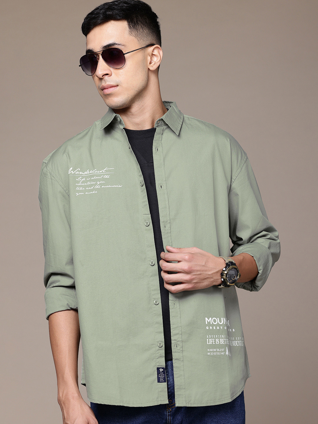 

The Roadster Life Co. Typography Printed Drop-Shoulder Sleeves Relaxed Fit Cotton Shirt, Green
