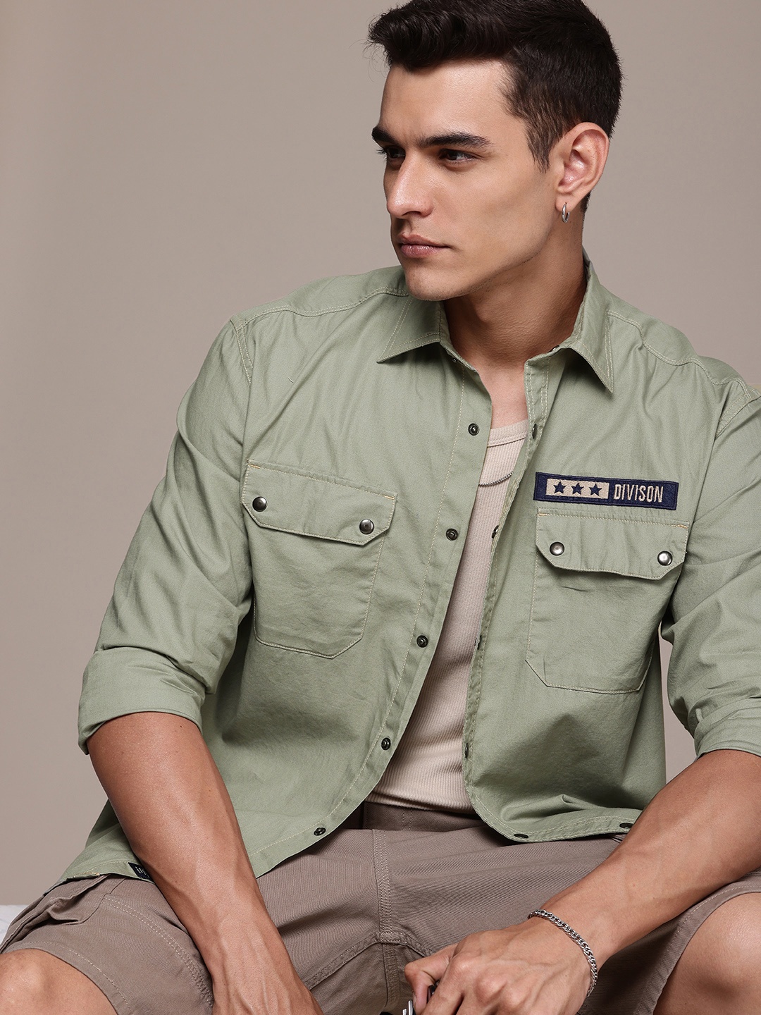 

The Roadster Life Co. Relaxed Fit Drop-Shoulder Sleeves Pure Cotton Casual Shirt, Olive
