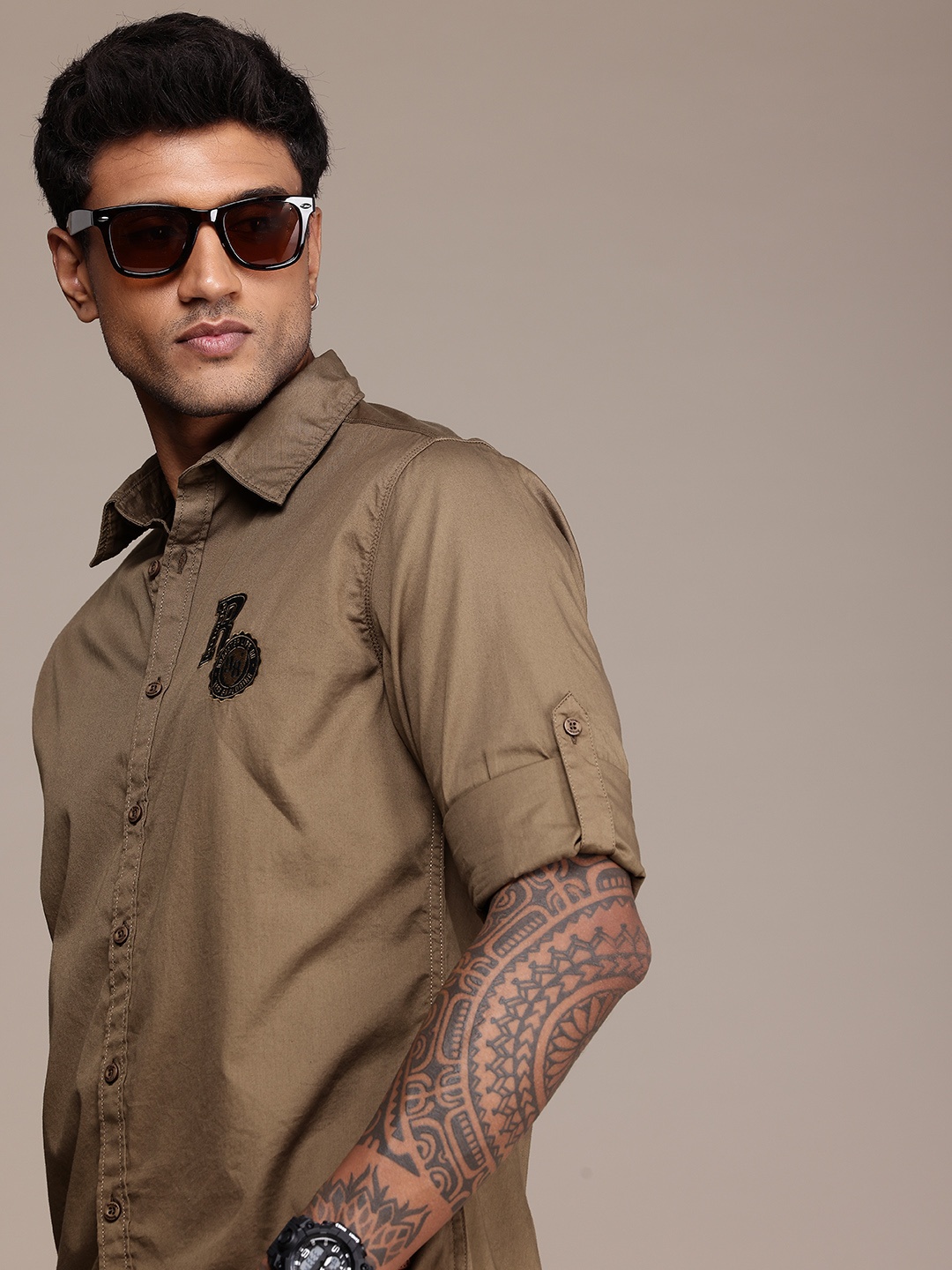 

The Roadster Life Co. Pure Cotton Brand Logo Embroidered Detailed Casual Shirt, Brown