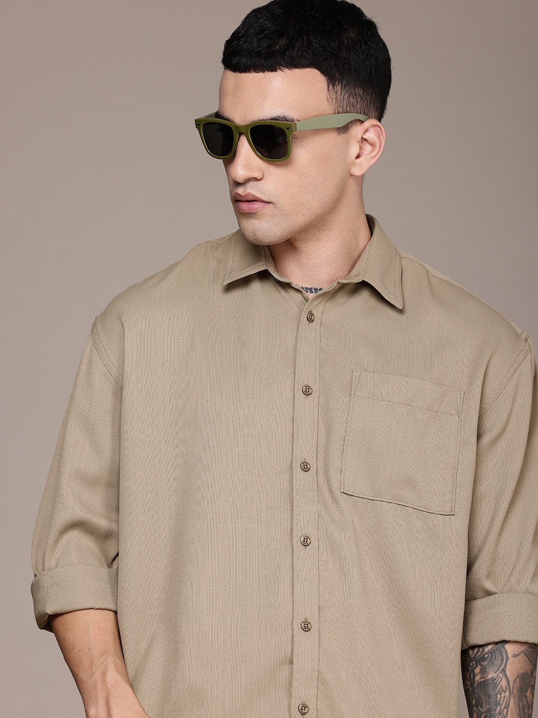 

The Roadster Life Co. Drop-Shoulder Relaxed Fit Pure Cotton Casual Shirt, Taupe