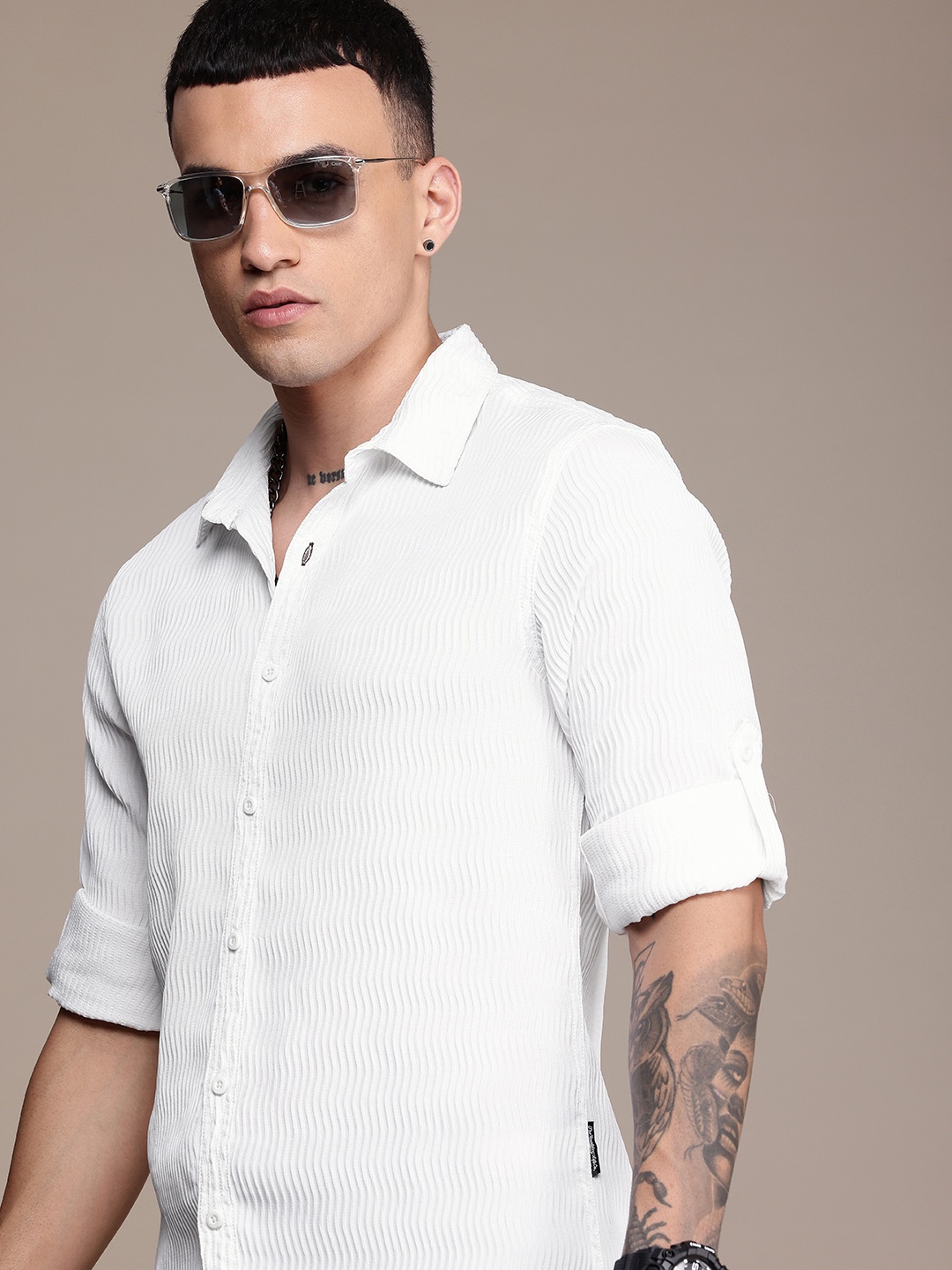 The Roadster Life Co. Self Design Texture Casual Shirt, White
