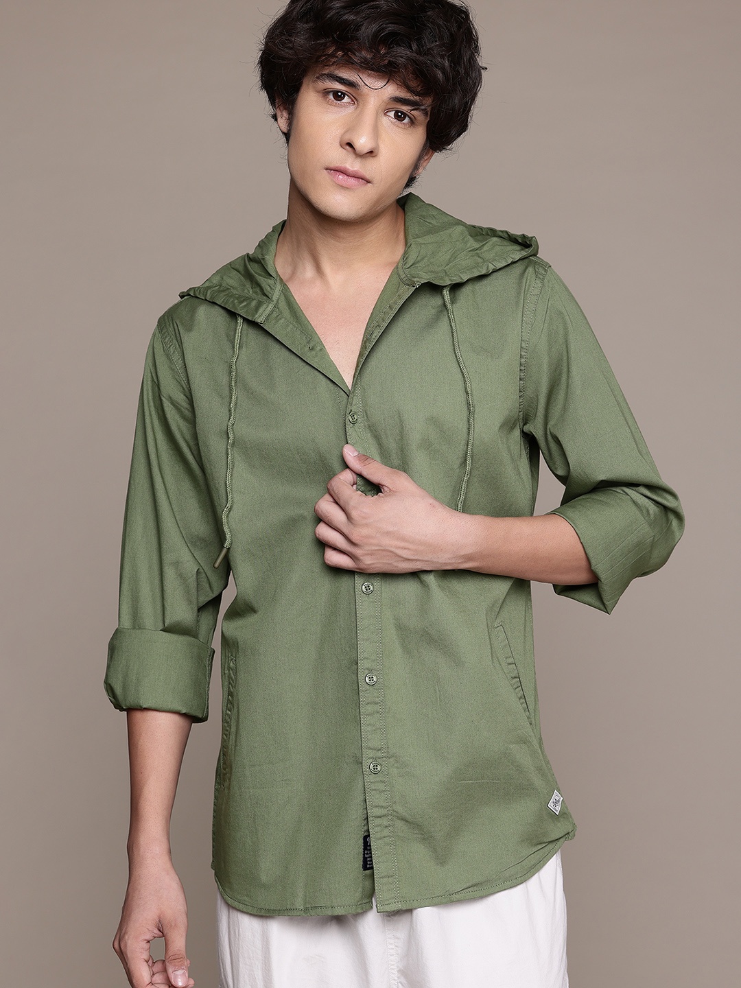 

The Roadster Lifestyle Co. Hooded Pure Cotton Casual Shirt, Olive