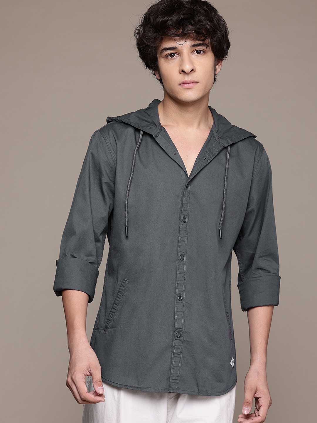 

The Roadster Lifestyle Co. Hooded Pure Cotton Casual Shirt, Charcoal