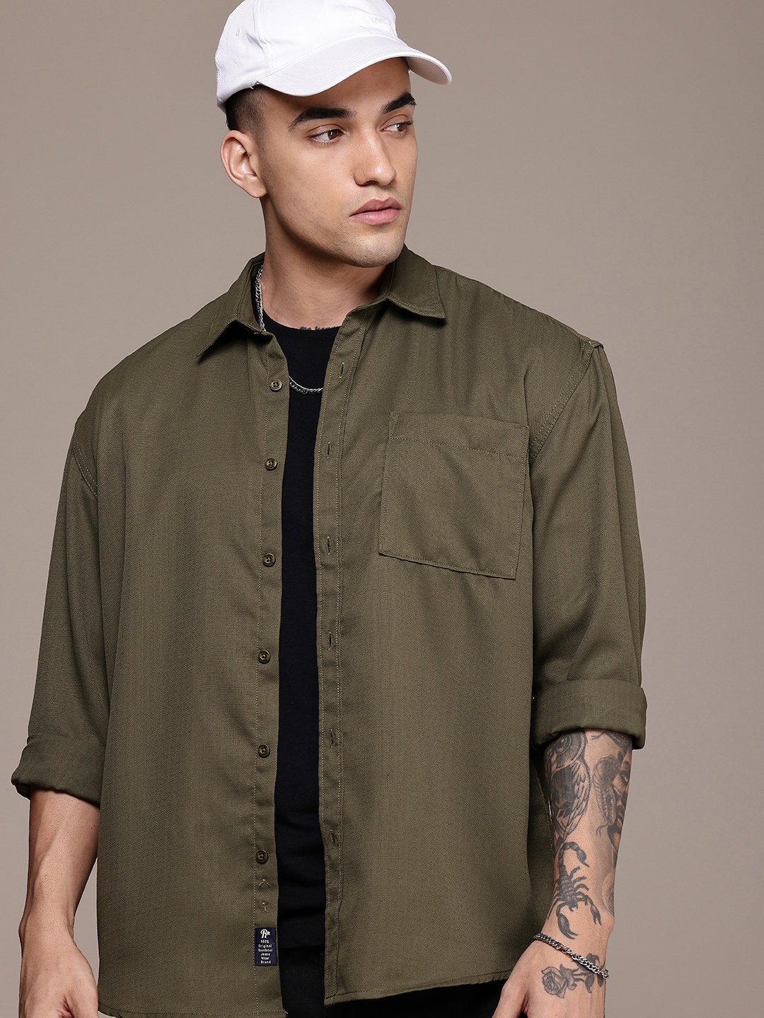 

The Roadster Life Co. Self Design Opaque Relaxed Fit Pure Cotton Casual Shirt, Olive